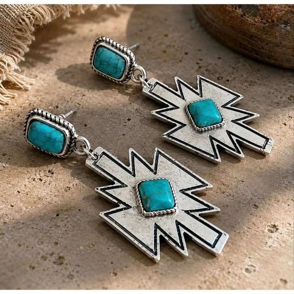 Thunderbird Drop Earrings Silver Tone Faux Turquoise Stone